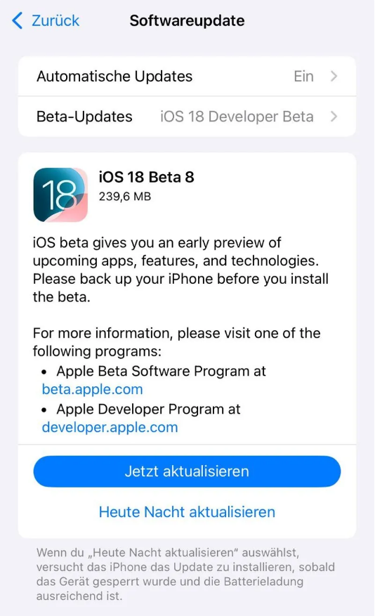 德化苹果手机维修分享苹果 iOS / iPadOS 18 开发者预览版 Beta 8 发布 